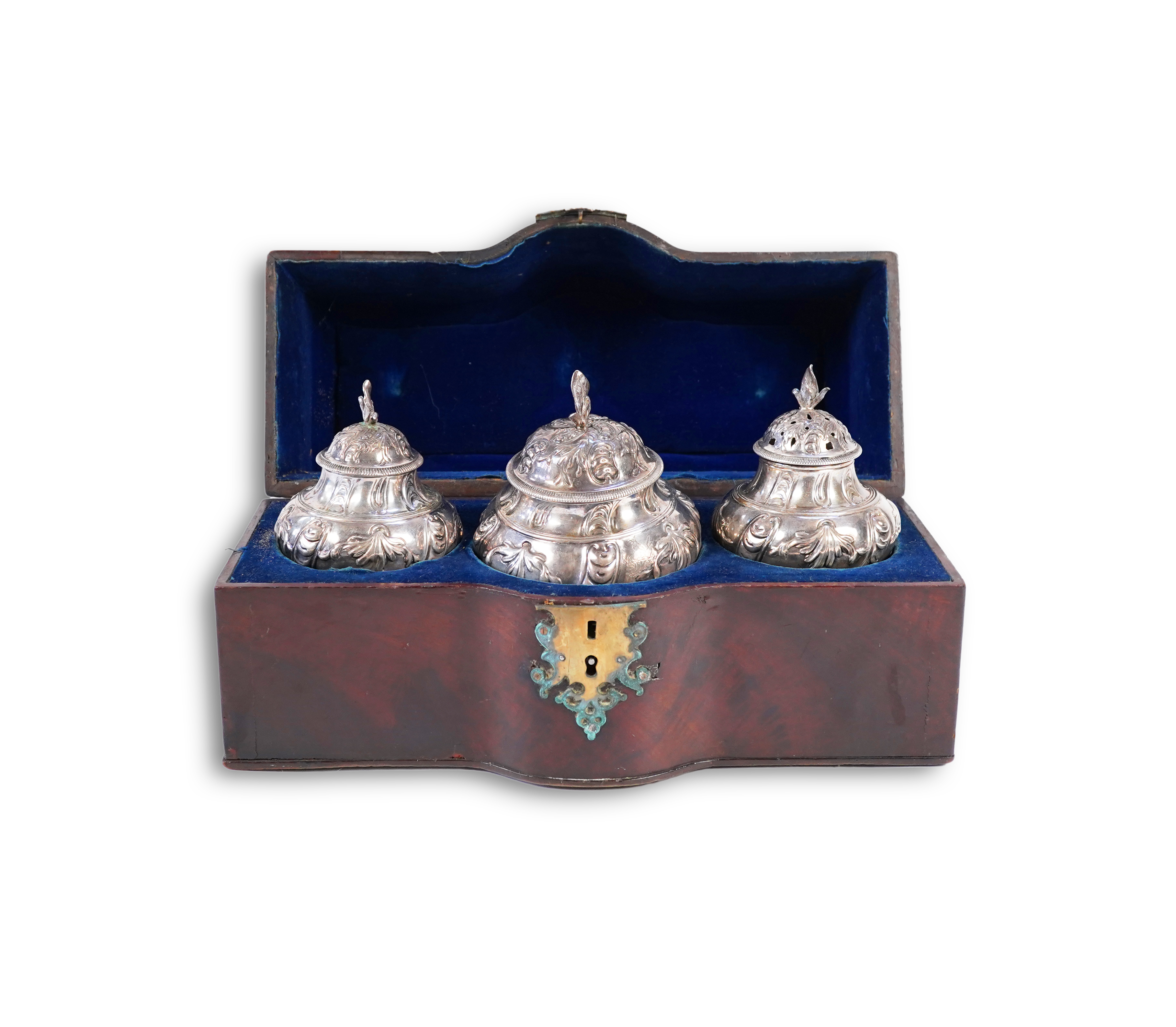 A George II mahogany cased set of two early George III silver tea caddies and covers and a sugar vase and cover, by Samuel Herbert & Co